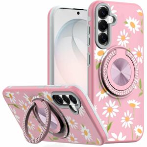 For Samsung Galaxy s26 FE Metal Diamond CD Pattern Design Matte Finished Hybrid with Rotational Ring [Car Mount Friendly] Case - Floral A