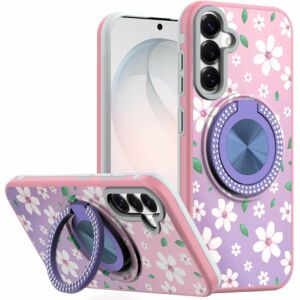 For Samsung Galaxy s26 FE Metal Diamond CD Pattern Design Matte Finished Hybrid with Rotational Ring [Car Mount Friendly] Case - Floral B
