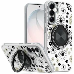 For Samsung Galaxy s26 FE Metal Diamond CD Pattern Design Matte Finished Hybrid with Rotational Ring [Car Mount Friendly] Case - Black & White Floral