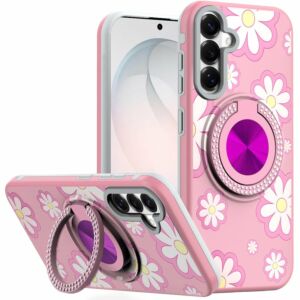 For Samsung Galaxy s26 FE Metal Diamond CD Pattern Design Matte Finished Hybrid with Rotational Ring [Car Mount Friendly] Case - Floral D