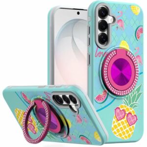 For Samsung Galaxy s26 FE Metal Diamond CD Pattern Design Matte Finished Hybrid with Rotational Ring [Car Mount Friendly] Case - Pineapple
