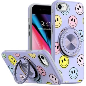 For iPhone SE 3 (2022) SE/8/7 Metal Diamond CD Pattern Design Matte Finished Hybrid with Rotational Ring [Car Mount Friendly] Case - 5