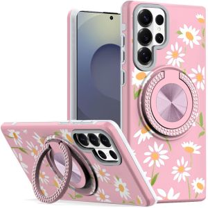 For Samsung s26 Ultra Metal Diamond CD Pattern Design Matte Finished Hybrid with Rotational Ring [Car Mount Friendly] Case - Floral A