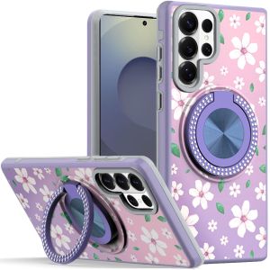 For Samsung s26 Ultra Metal Diamond CD Pattern Design Matte Finished Hybrid with Rotational Ring [Car Mount Friendly] Case - Floral B
