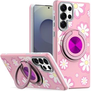 For Samsung s26 Ultra Metal Diamond CD Pattern Design Matte Finished Hybrid with Rotational Ring [Car Mount Friendly] Case - Floral D