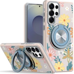 For Samsung s26 Ultra Metal Diamond CD Pattern Design Matte Finished Hybrid with Rotational Ring [Car Mount Friendly] Case - Floral E