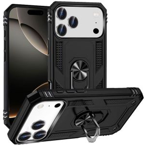 For iPhone 17 Pro Max Ring Magnetic Kickstand Hybrid Case Cover - Black