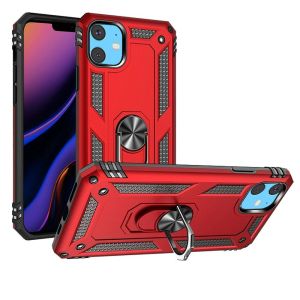 For Apple iPhone 11 (XI6.1) Ring Magnetic Kickstand Hybrid Case Cover - Red
