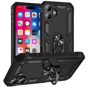 For iPhone 16 6.1 inch Ring Magnetic Kickstand Hybrid Case Cover - Black