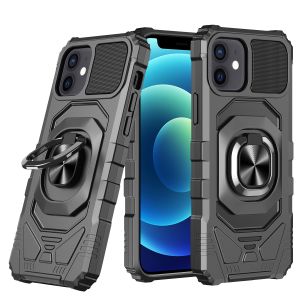 For iPhone 13/14 Robotic Hybrid with Magnetic Ring Stand Case Cover - Black