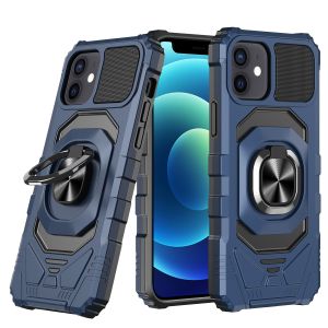 For iPhone 13/14 Robotic Hybrid with Magnetic Ring Stand Case Cover - Dark Blue