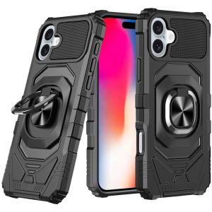 For iPhone 16 6.1 inch Robotic Hybrid with Magnetic Ring Stand Case Cover - Black