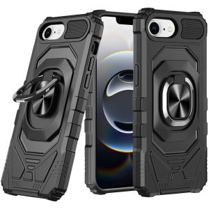 For iPhone 16E (E edition) / SE4 (2025) Robotic Hybrid with Magnetic Ring Stand Case Cover - Black
