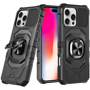 For iPhone 16 Pro 6.3 inch Robotic Hybrid with Magnetic Ring Stand Case Cover - Black