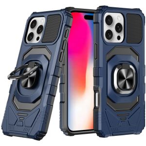 For iPhone 16 Pro 6.3 inch Robotic Hybrid with Magnetic Ring Stand Case Cover - Dark Blue