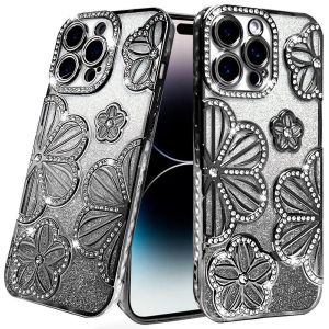 For iPhone 14 PRO MAX 6.7" Shimmer Glitter Floral Design Thick TPU Case Cover - Black