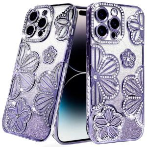 For iPhone 14 PRO MAX 6.7" Shimmer Glitter Floral Design Thick TPU Case Cover - Purple