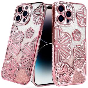 For iPhone 14 PRO MAX 6.7" Shimmer Glitter Floral Design Thick TPU Case Cover - Rose Gold