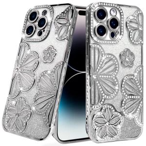 For iPhone 14 PRO MAX 6.7" Shimmer Glitter Floral Design Thick TPU Case Cover - Silver