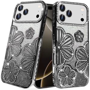 For iPhone 17 Pro Max Pro Max Shimmer Glitter Floral Design Thick TPU Case Cover - Black