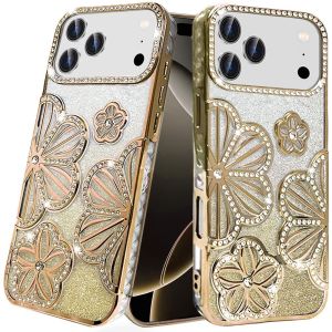 For iPhone 17 Pro Max Pro Max Shimmer Glitter Floral Design Thick TPU Case Cover - Gold