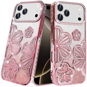 For iPhone 17 Pro Max Pro Max Shimmer Glitter Floral Design Thick TPU Case Cover - Rose Gold