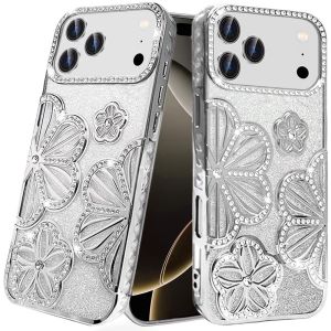 For iPhone 17 Pro Max Pro Max Shimmer Glitter Floral Design Thick TPU Case Cover - Silver