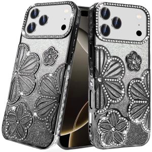 For iPhone 17 Pro Pro Shimmer Glitter Floral Design Thick TPU Case Cover - Black