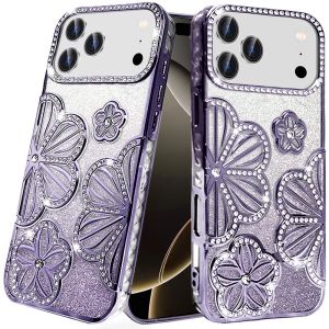 For iPhone 17 Pro Pro Shimmer Glitter Floral Design Thick TPU Case Cover - Purple