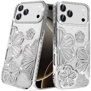 For iPhone 17 Pro Pro Shimmer Glitter Floral Design Thick TPU Case Cover - Silver