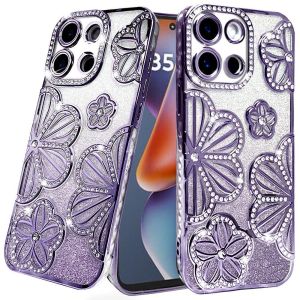 For Motorola Moto G 5G 2025 Shimmer Glitter Floral Design Thick TPU Case Cover - Purple