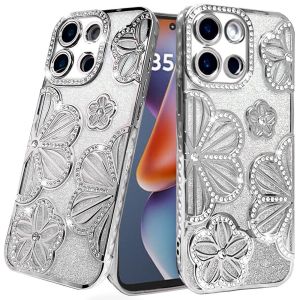 For Motorola Moto G 5G 2025 Shimmer Glitter Floral Design Thick TPU Case Cover - Silver