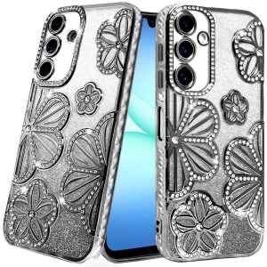 For Samsung A17 5G Pro Max Shimmer Glitter Floral Design Thick TPU Case Cover - Black