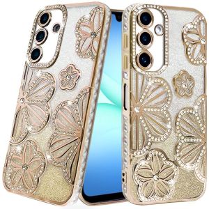 For Samsung A17 5G Pro Max Shimmer Glitter Floral Design Thick TPU Case Cover - Gold