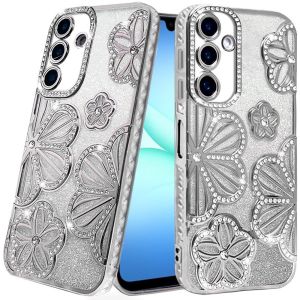For Samsung A17 5G Pro Max Shimmer Glitter Floral Design Thick TPU Case Cover - Silver