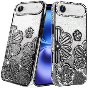 For iPhone 17 Air Air Shimmer Glitter Floral Design Thick TPU Case Cover - Black