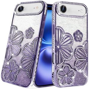 For iPhone 17 Air Air Shimmer Glitter Floral Design Thick TPU Case Cover - Purple
