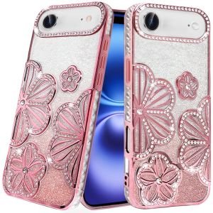 For iPhone 17 Air Air Shimmer Glitter Floral Design Thick TPU Case Cover - Rose Gold