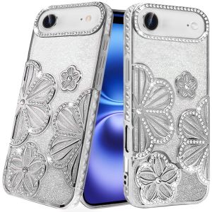 For iPhone 17 Air Air Shimmer Glitter Floral Design Thick TPU Case Cover - Silver