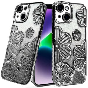 For iPhone 13/14 Shimmer Glitter Floral Design Thick TPU Case Cover - Black