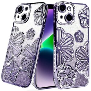 For iPhone 13/14 Shimmer Glitter Floral Design Thick TPU Case Cover - Purple