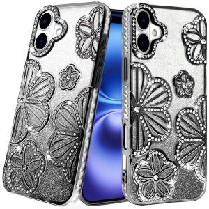 For iPhone 17 Shimmer Glitter Floral Design Thick TPU Case Cover - Black