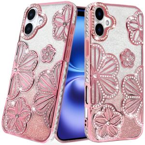 For iPhone 17 Shimmer Glitter Floral Design Thick TPU Case Cover - Rose Gold
