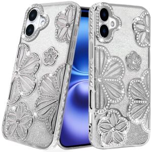 For iPhone 17 Shimmer Glitter Floral Design Thick TPU Case Cover - Silver