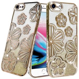 For iPhone SE 3 (2022) SE/8/7 Shimmer Glitter Floral Design Thick TPU Case Cover - Gold