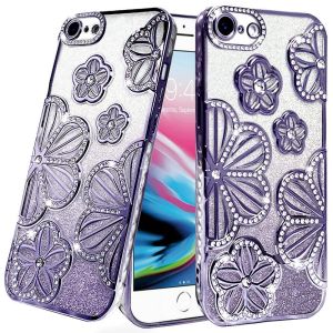For iPhone SE 3 (2022) SE/8/7 Shimmer Glitter Floral Design Thick TPU Case Cover - Purple