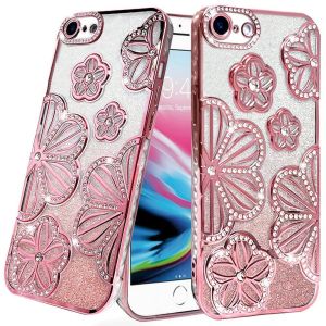 For iPhone SE 3 (2022) SE/8/7 Shimmer Glitter Floral Design Thick TPU Case Cover - Rose Gold