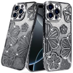 For iPhone 16 Pro Max 6.9 Shimmer Glitter Floral Design Thick TPU Case Cover - Black