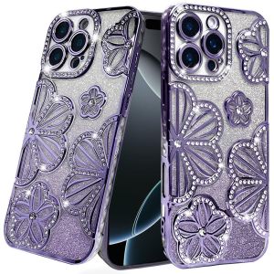 For iPhone 16 Pro Max 6.9 Shimmer Glitter Floral Design Thick TPU Case Cover - Purple