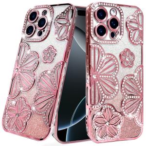 For iPhone 16 Pro Max 6.9 Shimmer Glitter Floral Design Thick TPU Case Cover - Rose Gold